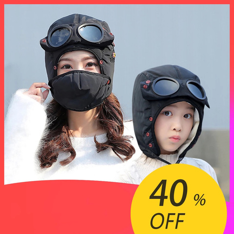 2022 Fashion Winter Bomber Hat with Masks Goggles Waterproof Hood Pilot Hats Glasses Ear Protection Cap Kids Adult Balaclava ► Photo 1/6