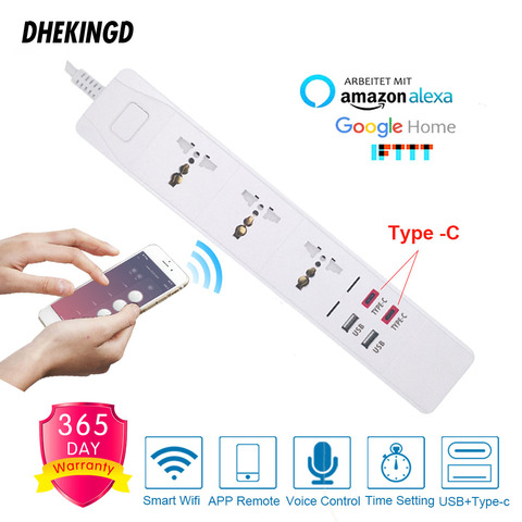 Wifi Smart Power Strip Universal 3 Outlets Socket 2 USB 2 Type-c 3.0A Quick Charge Voice Control for Alexa Google Assistant ► Photo 1/6