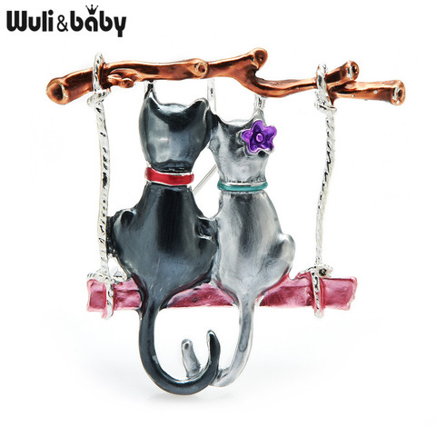Wuli&baby Couple Cats Brooches For Women Enamel Cartoon Swinging Cat Animal Party Casul Brooch Pins ► Photo 1/5