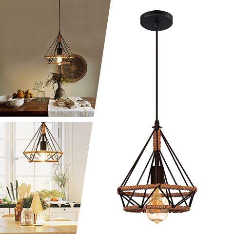 Vintage Industrial Pendant Light Retro Iron Lamp Russia Loft Cage Diamond Shape Hemp Rope Light for Dining Living Room House Dec ► Photo 1/6