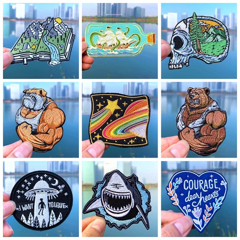 Prajna Mountain Space Patch Applique Skull Flower Alien Iron On Patches Embroidered Patches For Clothing Stripes Badge Cloth DIY ► Photo 1/6