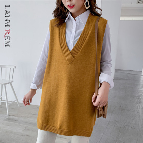 LANMREM 2022 autumn New V-neck Solid Color Seelveless Knit Sweater Streetwear Fashion Loose Wild Outgoing Vest Female PC435 ► Photo 1/6