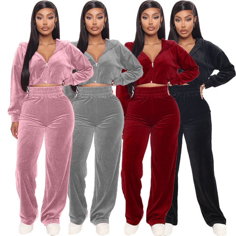 Velour Tracksuit Women Two Piece Set Autumn Clothes Zipper Hoodies Crop Top and Pants Leisure Sweat Suit Female Velvet Outfits ► Photo 1/6