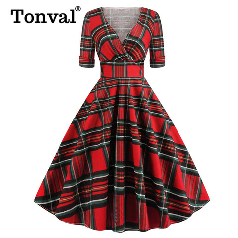 Tonval Red Plaid High Waist Wrap Tartan Vintage Half Sleeve Autumn Dress Women Elegant Party Sexy Rockabilly Cotton Midi Dresses ► Photo 1/6