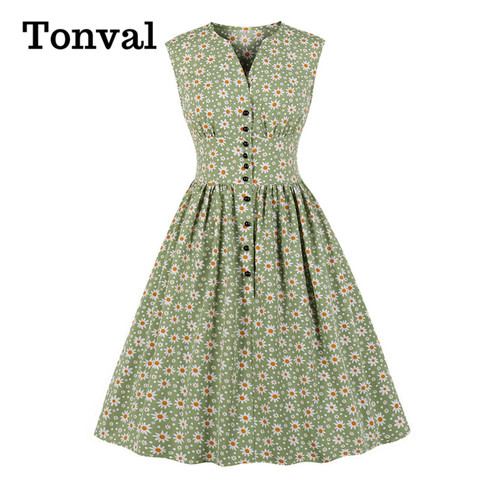 Tonval V-Neck Button Up High Waist Casual Summer Pleated Floral Dress 2022 Women Sleeveless Fit and Flare Vintage Dress ► Photo 1/6