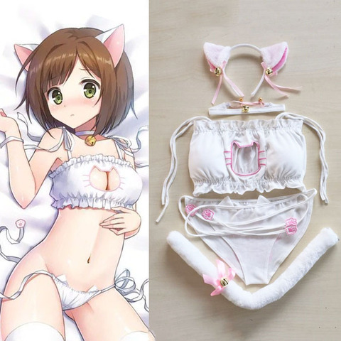 Maid Cat Cosplay Woemn Sexy Lace Lingerie 2022 Anime Miku Ruffle Hollow Bra Lenceria Strappy Briefs Exotic Set Neko Ear Babydoll ► Photo 1/6