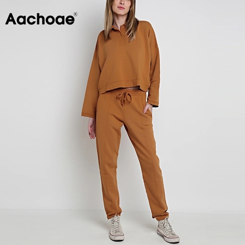 Aachoae Casual Solid 2 Piece Set Women Turn Down Collar Batwing Sleeve Loose Tops Pleated Full Length Pencil Pants Lady Sets ► Photo 1/6