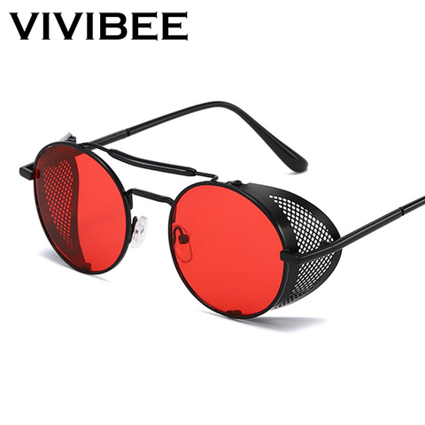 VIVIBEE Steampunk Sunglasses Men 2022 Trending Gothic Round Alloy Red Punk Goggles Retro Party Sun Glasses ► Photo 1/6