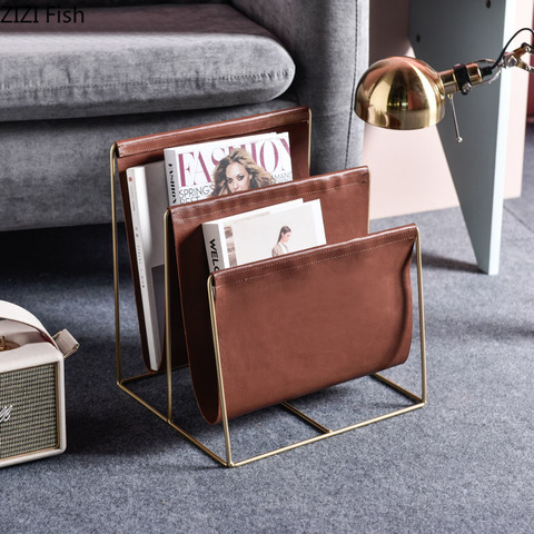 Nordic Golden Metal Magazine Rack Double Layer PU Leather Bookshelf File Book Organizer Shelves Book Holder Newspaper Storage ► Photo 1/5