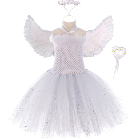 Sparkly Pure White Angel Tutu Dress Feather Wing Wands Outfits Fancy Kids Dresses Angel Costume for Girls Birthday Party Clothes ► Photo 1/6