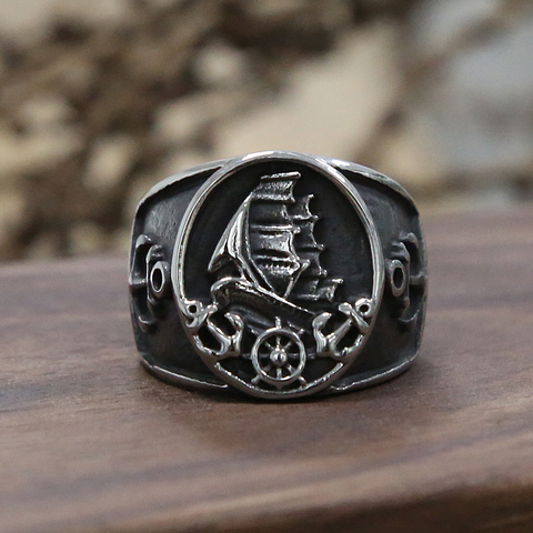 Vintage Pirate Sailboat Nordic Viking Ring Men Women Stainless Steel Anchor Compass Signet Rings Gothic Punk Biker Jewelry ► Photo 1/5
