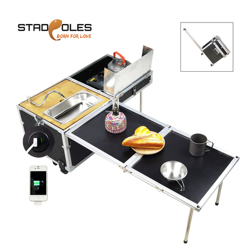S-tadpoles Outdoor Kitchen Portable Folding Kitchen Hiking Camping Cooking Table With Wind Shield Camping Storage USB Charge ► Photo 1/6