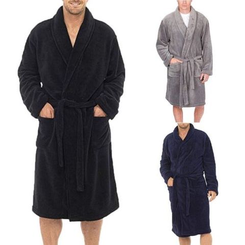 Casaul Men's Plush Shawl BathRobes with Sashes Men Soft Long Sleeve 2 Side Pockets Cloak Winter Solid Warm Dressing Gown M-XXL ► Photo 1/6