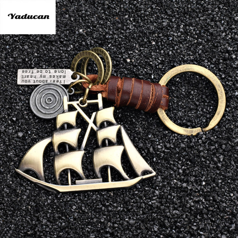 Yaducan 2022 charm jewelry Vintage Handwork Weave Genuine Leather Sailboat Keychain simple Alloy Accessories Men Key Chain ► Photo 1/6