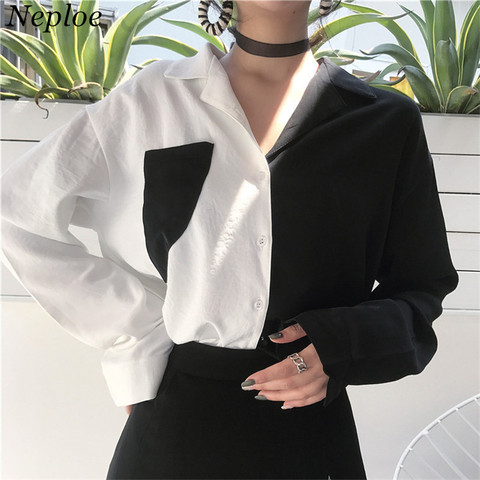 Neploe Color Patchwork Pockets Women Shirt Turn Down Collar Single Breasted Office Lady Top 2022 Autumn New Fashion Blouse 68863 ► Photo 1/3