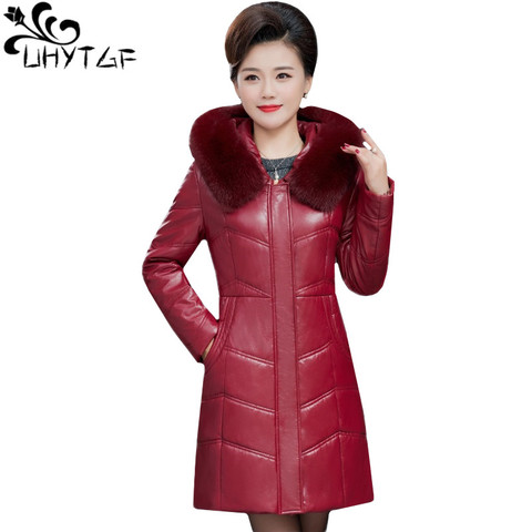 UHYTGF Quality sheepskin winter leather down jacket Parker women fur collar hooded casual female leather coats 7XL Plus size 635 ► Photo 1/6