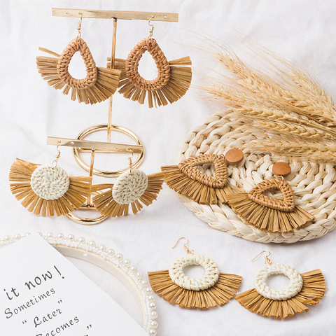 2022 New Handmade Rattan Knit Straw Earrings for Women Teardrop Circle Square Tassel Rattan Wicker Woven Drop Earring Jewelry ► Photo 1/6