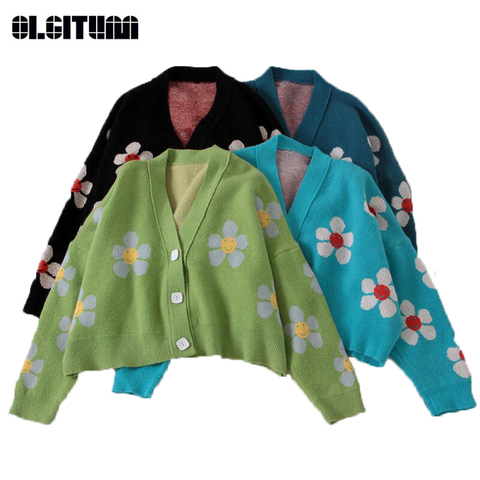 2022 Spring College Style Flower Print Knitted Doat Loose Retro V-neck Cute Light Green Sweater Cardigan Blouse Short Section ► Photo 1/6