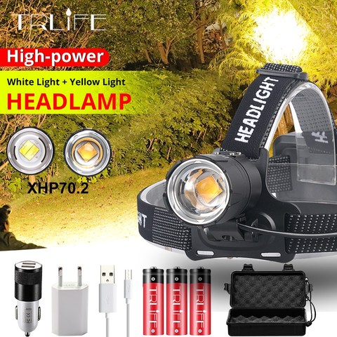 Super Bright Led XHP70.2 Yellow White Headlight Headlamp USB Rechargeable Head Torches XHP Lantern Use 3*18650 battery for Fish ► Photo 1/6