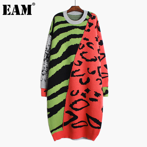 [EAM] Women Leopard Big Size Long Knitting Dress New Round Neck Long Sleeve Loose Fit Fashion Tide Autumn Winter 2022 1DA784 ► Photo 1/6