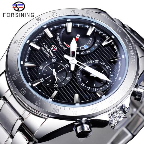 Forsining Power Reserve Design Men Automatic Mechanical Watch Black Silver Stainless Steel Date Waterproof Watch Luminous Clock ► Photo 1/6