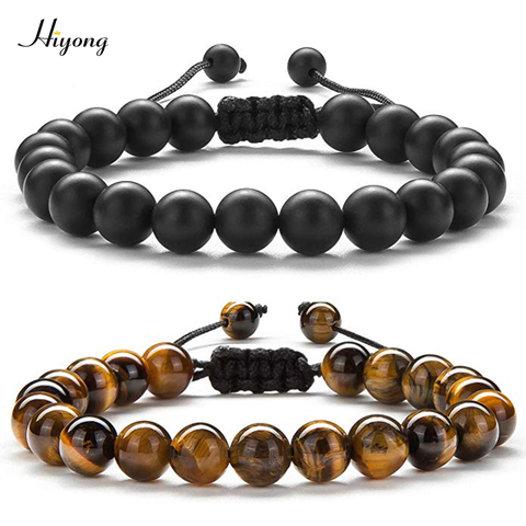 HIYONG 8mm Tiger Eye Stone Beads Bracelet Braided Rope Adjustable Black Matte Charm Healing Balance Beads Yoga Bracelet For Mens ► Photo 1/6