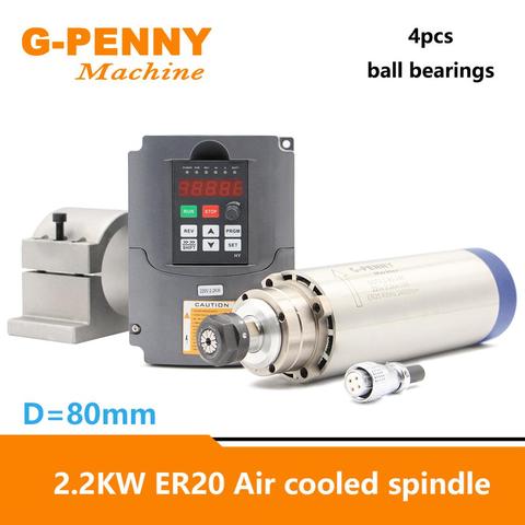 220V 380V 2.2KW CNC Air Cooling Spindle motor ER20 4pcs bearings with 2.2KW Variable Frequency Driver VFD 80mm clamping bracket ► Photo 1/6