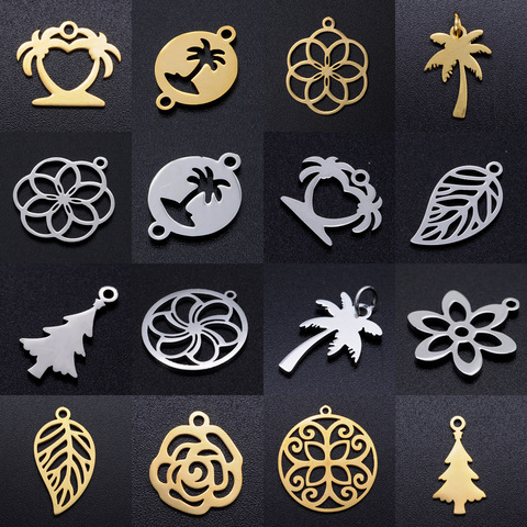 5pcs/lot diy summer beach palm tree stainless steel charm pendant wholesale leaf flower rose jewelry bracelet connector charms ► Photo 1/6