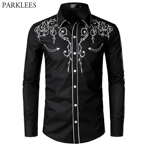 Stylish Western Cowboy Shirt Men Brand Design Embroidery Slim Fit Casual Long Sleeve Shirts Mens Wedding Party Shirt for Male ► Photo 1/6