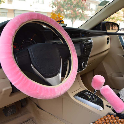 Car Steering Wheel Cover Gearshift Handbrake Cover Protector Decoration Warm Super Thick Plush Collar Soft Black Pink Women Man ► Photo 1/5
