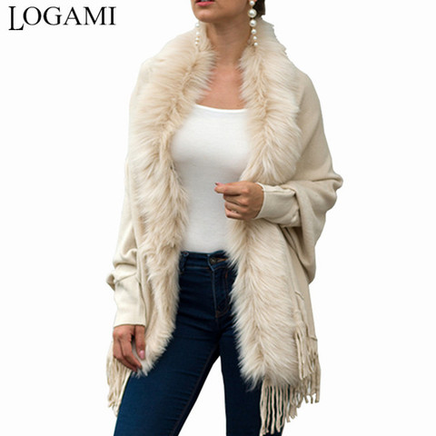 LOGAMI Fake Fur Collar Cardigan Poncho Tassel Solid Coat 2022 Women Casual Loose Shawl ► Photo 1/6