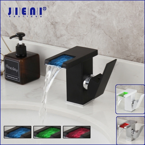 JIENI LED Waterfall Bathroom Basin Faucet Wash Sink Mixer Tap Faucet White & Black Deck Mount Solid Brass Water Power Basin Tap ► Photo 1/6