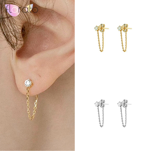 925 CZ Studs With Chain, Dangling Chain stud Earrings, Delicate Gold Earrings, Cubic Zirconia, Fashion Jewelry for women A30 ► Photo 1/6