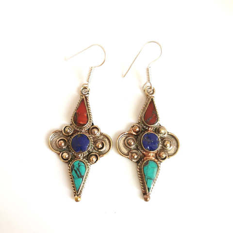 Indian Vintage Colorful Handmade Earrings Nepal Copper Inlaid Colorful Stone E005 ► Photo 1/3