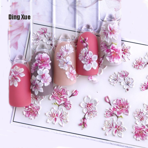 1pc 3D Acrylic Engraved  Nail Sticker Embossed White&Pink Color Flower Water Decals Empaistic Nail Water Slide Decals Z0342 ► Photo 1/6