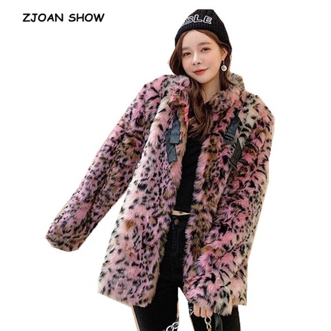 2022 Winter Stand Collar Hairy Shaggy Faux Fur Leopard Coat Pink Vintage Long sleeve Furry Faux Fur Women Jacket Loose Outerwear ► Photo 1/6