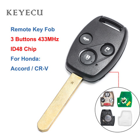 Keyecu Remote Key 3 Buttons 433Mhz ID48 Chip for Honda Accord 2003 2004 2005, CR-V 2005 2006, Car Key ► Photo 1/5