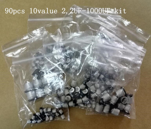 90pcs 10value 2.2UF-1000UF SMD Aluminum Electrolytic Capacitor Kit (6.3V 10V 16V 25V 50V 4.7UF 10UF 22UF 47UF 100UF 220UF 470UF ► Photo 1/1