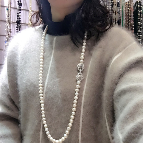 Hot sell 8-9mm 80cm white natural freshwater pearl necklace long sweater chain fashion jewelry ► Photo 1/5
