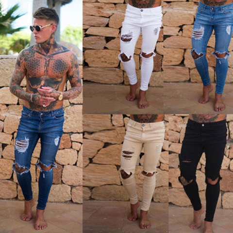 New Men's Hole Jean Fashion Skinny Stretch Denim Pencil Pants Distressed Ripped Biker Slim Fit Jeans Trouser Size ► Photo 1/5