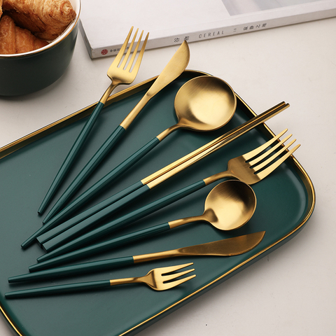 Dinnerware set cutlery western dinner set chopsticks fork spoon knife sets tableware silverware blackish green gold dropshipping ► Photo 1/6