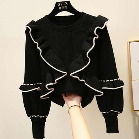 Autumn winter women's top Korean style the ruffle stitching pullover sweater new lantern sleeve knitted bottoming tops LL283 ► Photo 1/5