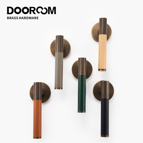 Dooroom Brass Leather Door Lock Set Modern Italian Style Interior Bedroom Bathroom Double Wood Door Lever Set Dummy Handle ► Photo 1/6