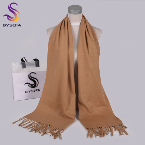 [BYSIFA] Ladies Wool Scarves Shawls New Solid Long Neck Scarf Wrap 100% Pure Wool Women Camel Cashmere Scarves Pashmina 200*50cm ► Photo 1/6