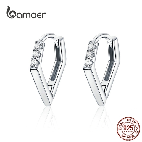 bamoer V Shape Hoop Earrings Hiphop Silver Earrings for Women Men Authentic 925 Sterling Silver Punk Fashion Jewelry BSE162 ► Photo 1/6