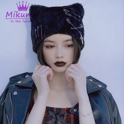 Harajuku Punk Gothic Cross Pin Cat Ears Plush Black Berets Autumn Winter Warm Bucket Hat Women Girls Chic Streetwear ► Photo 1/6