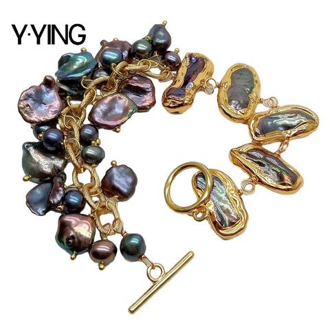 Y·YING punk natural Cultured Black Biwa freshwater Pearl Keshi Pearl gold color plated Chain Bracelet 8