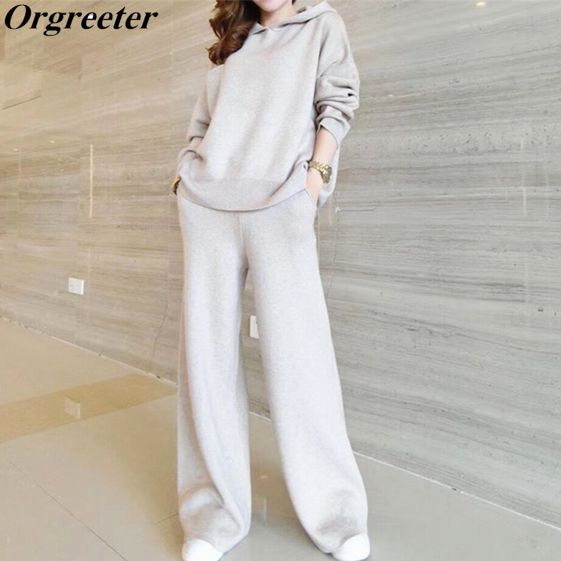 Women Fur Cashmere Knitting Jumper Tops+Pants Sets Knitted Sweaters Trousers 2 Pieces Suits
