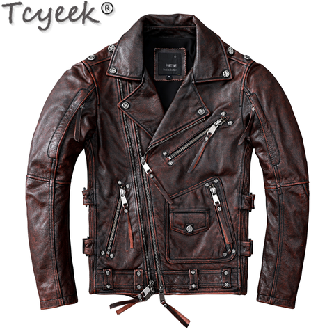 Tcyeek Streetwear Natural Real Cow Leather Coat Men Clothes 2022 Motorcycle 100% Genuine Leather Jacket Man Hommes Veste 1928 ► Photo 1/6