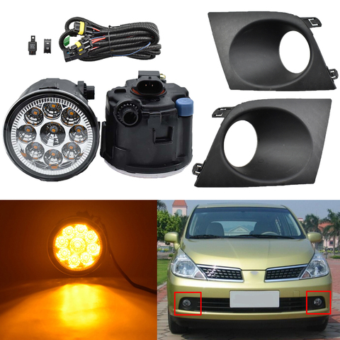 1pair Car Front Fog Light Kit For Tiida /Latio Style 2007 2008 2009 2010 with Fog Lamp Hood Cover and wire ► Photo 1/6